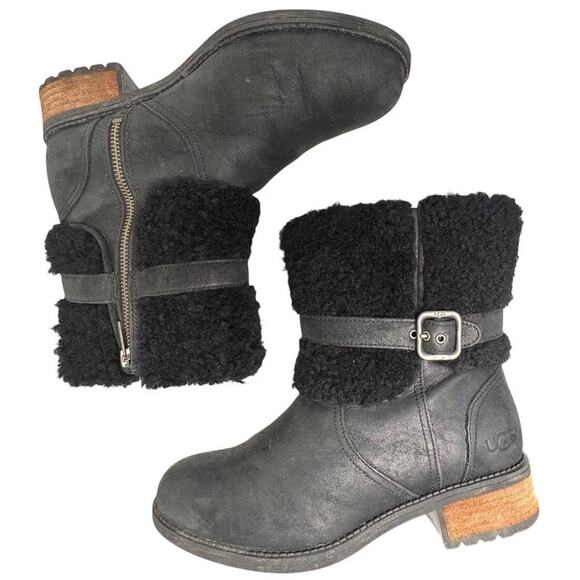 UGG Blayre II Boots Womens 8 Black Nubuck Shearling Zip Fur Trim Equestrian Fall - Picture 2 of 16